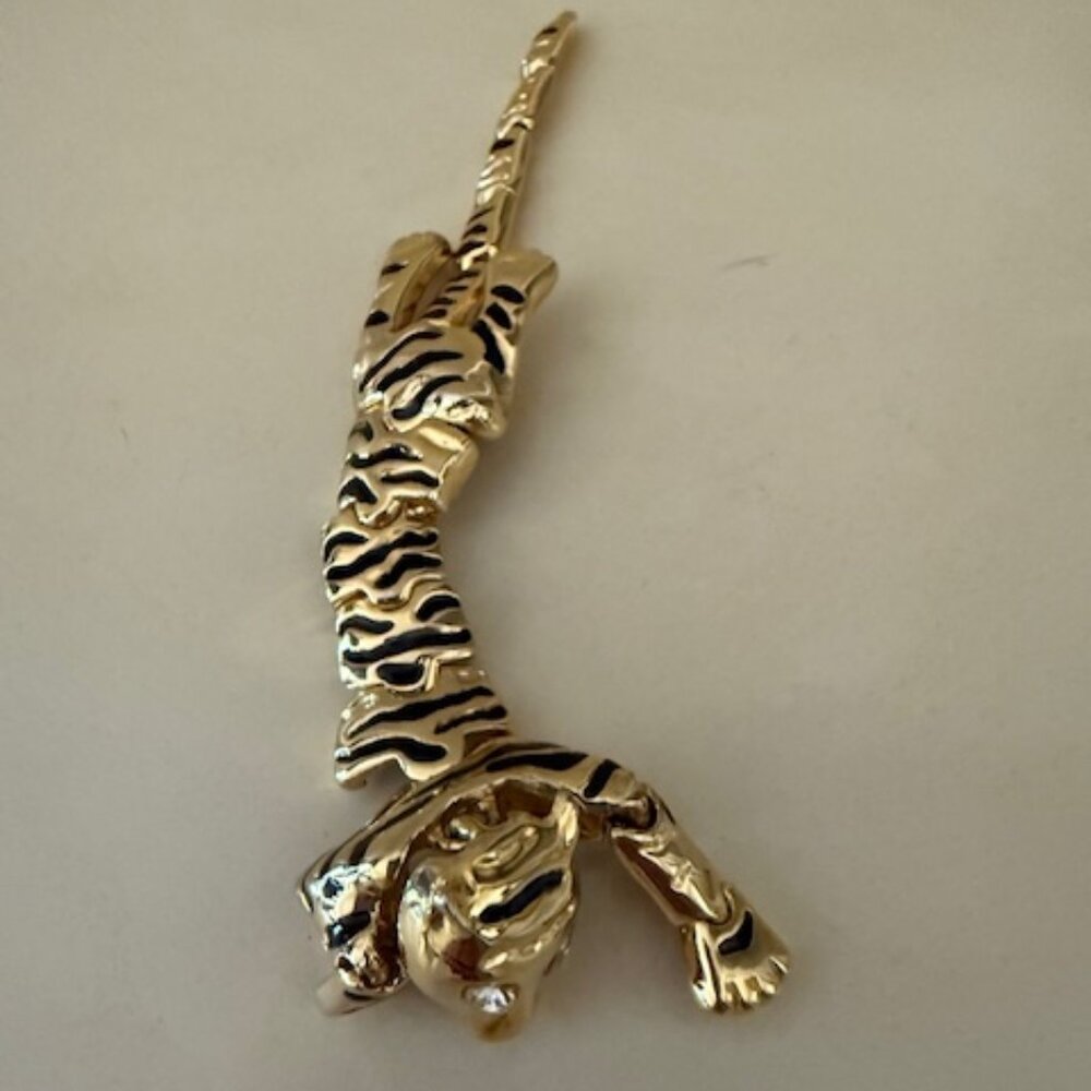 Gold plated and enameled Articulating Tiger Brooch